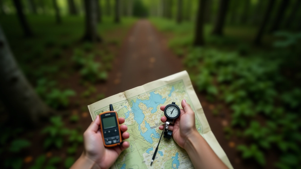 Overview of adventure planning with maps and GPS equipment ready for geocaching