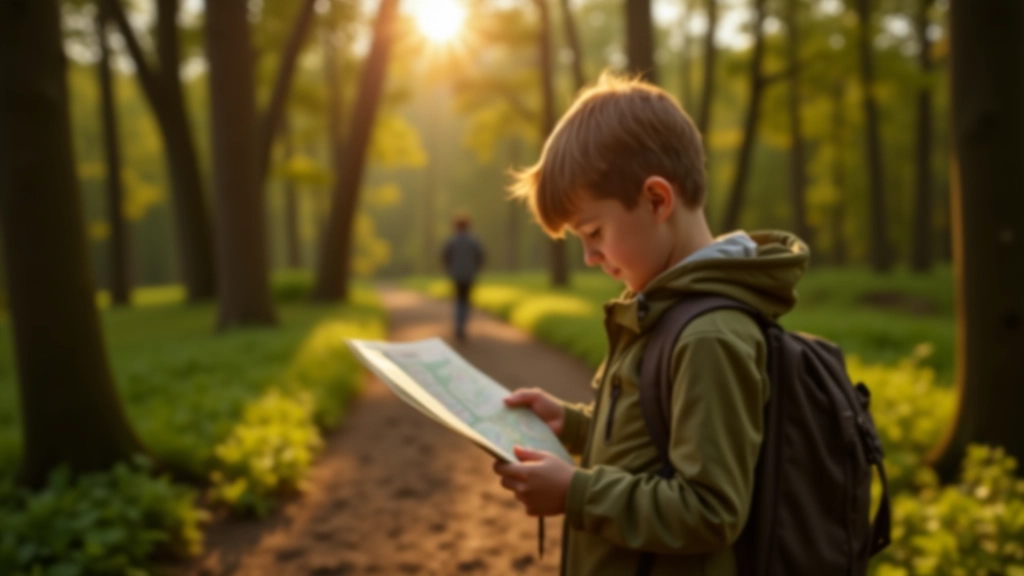 Child with backpack examining hiking trail map on sunny forest path with trees in background