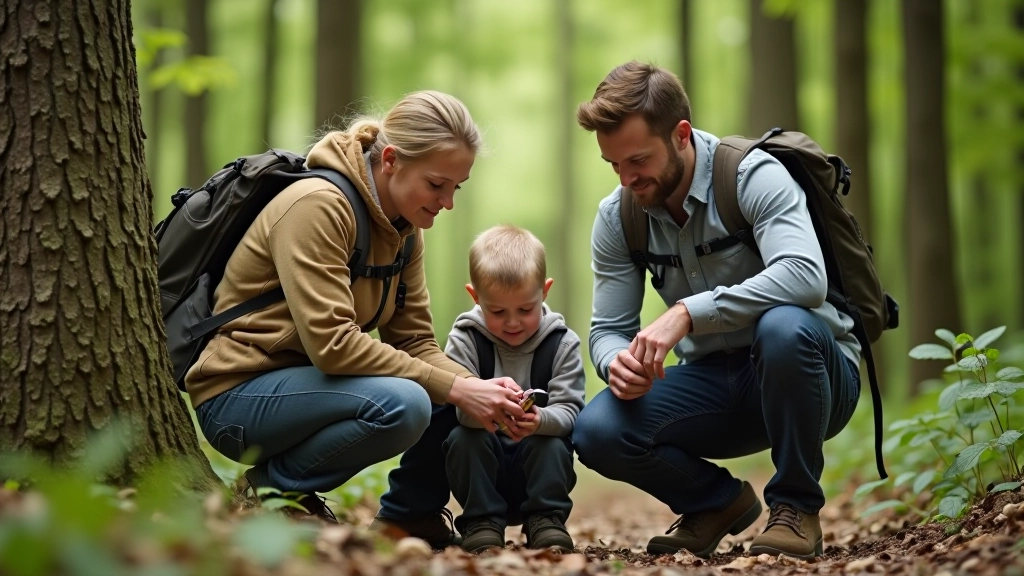 Family with children examining geocache container hidden under tree roots in forest clearing