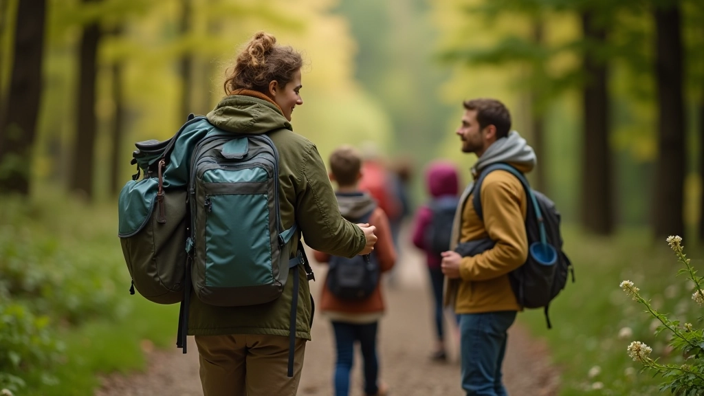 Family group preparing backpack with geocaching supplies and water bottles before hiking