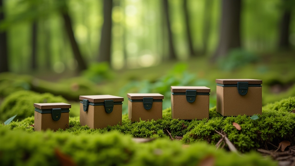 Various geocache containers arranged on mossy forest ground showing nano, small, regular, and large caches side by side