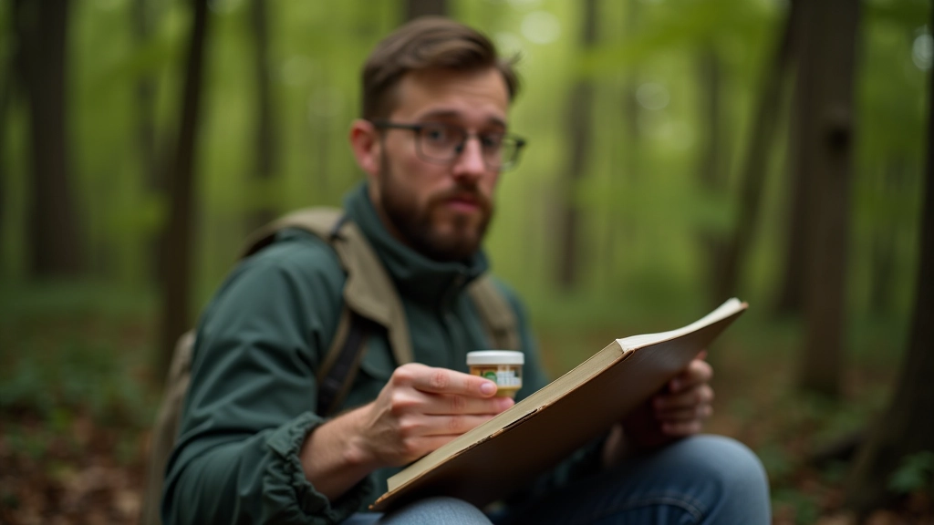 Geocacher examining cache container and logbook at outdoor location with surrounding forest vegetation