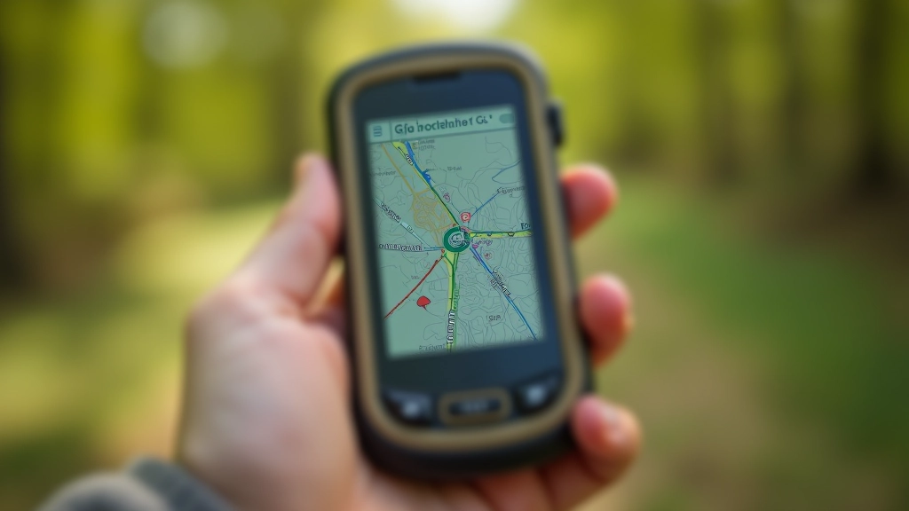 Close-up of GPS device held in hand showing coordinates and navigation screen