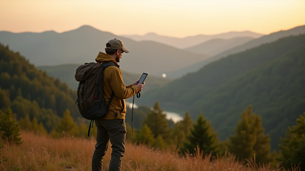 Hiker with GPS device standing on mountain overlooking Czech countryside with forests and valleys below