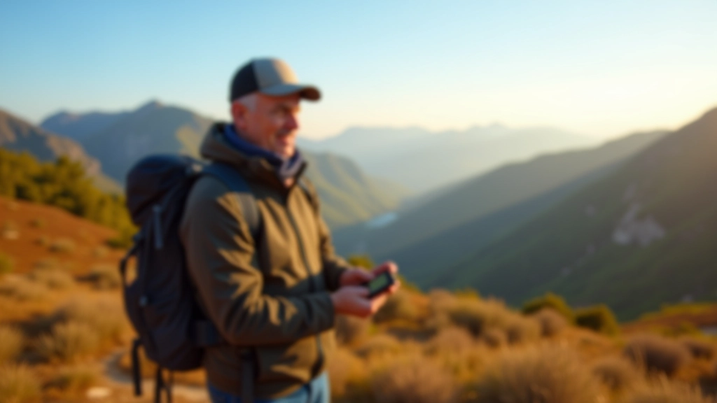 Hiker with GPS device on mountain trail in Czech countryside, clear sky, scenic viewpoint
