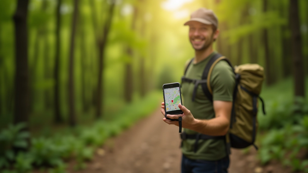 Person holding smartphone with GPS application open, standing on hiking trail with map view showing current location