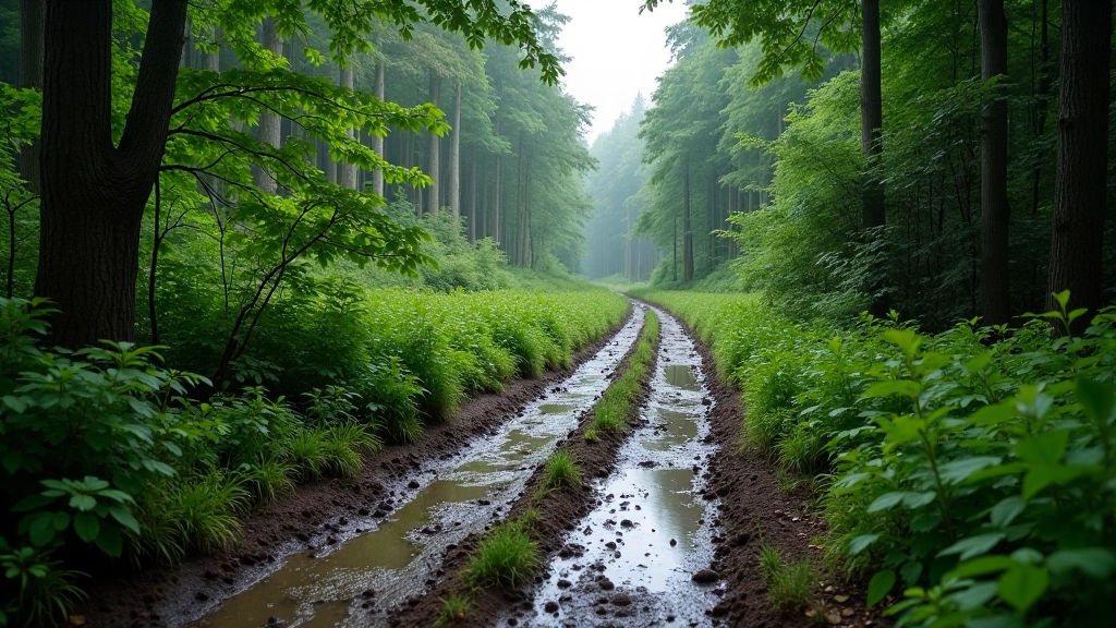 Muddy forest trail after rain with footprints, wet vegetation, overcast sky, Czech woodland