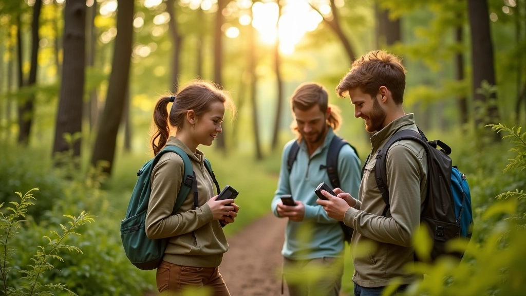 Team of adventurers discovering hidden treasures using GPS devices in Czech landscape