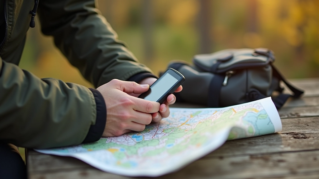 Person examining GPS device and physical map together at outdoor table, hiking backpack nearby, morning light