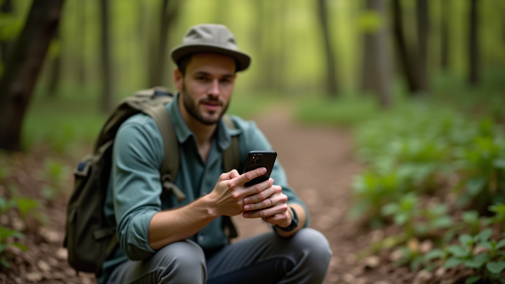 Person holding smartphone with GPS coordinates displayed, sitting outdoors on trail in forest