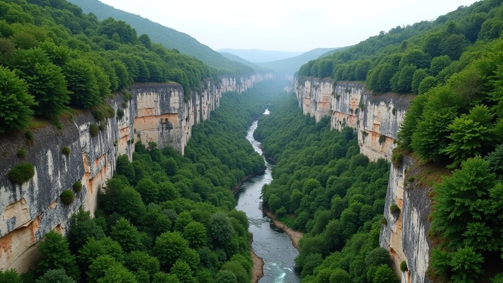 Limestone canyon with steep cliff walls, river running through valley, forested hillsides, Czech landscape