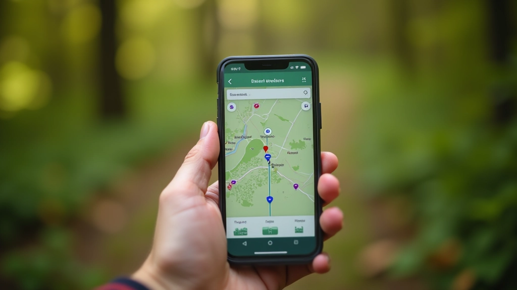 Smartphone displaying GPS coordinates and map with geocaching waypoints marked