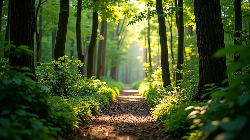 Hiking trail through forest with geocaching adventure equipment and GPS device visible
